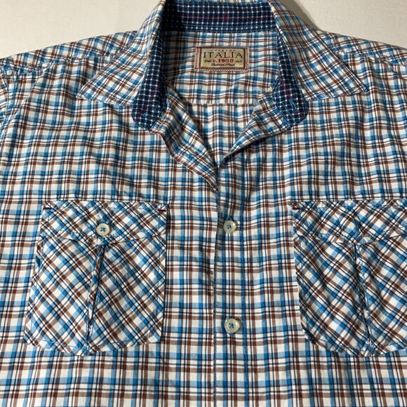 Vintage Italia C.1958 Mens Plaid Size L Sleeve Button-Up Shirt Blue & Brown - Picture 3 of 8